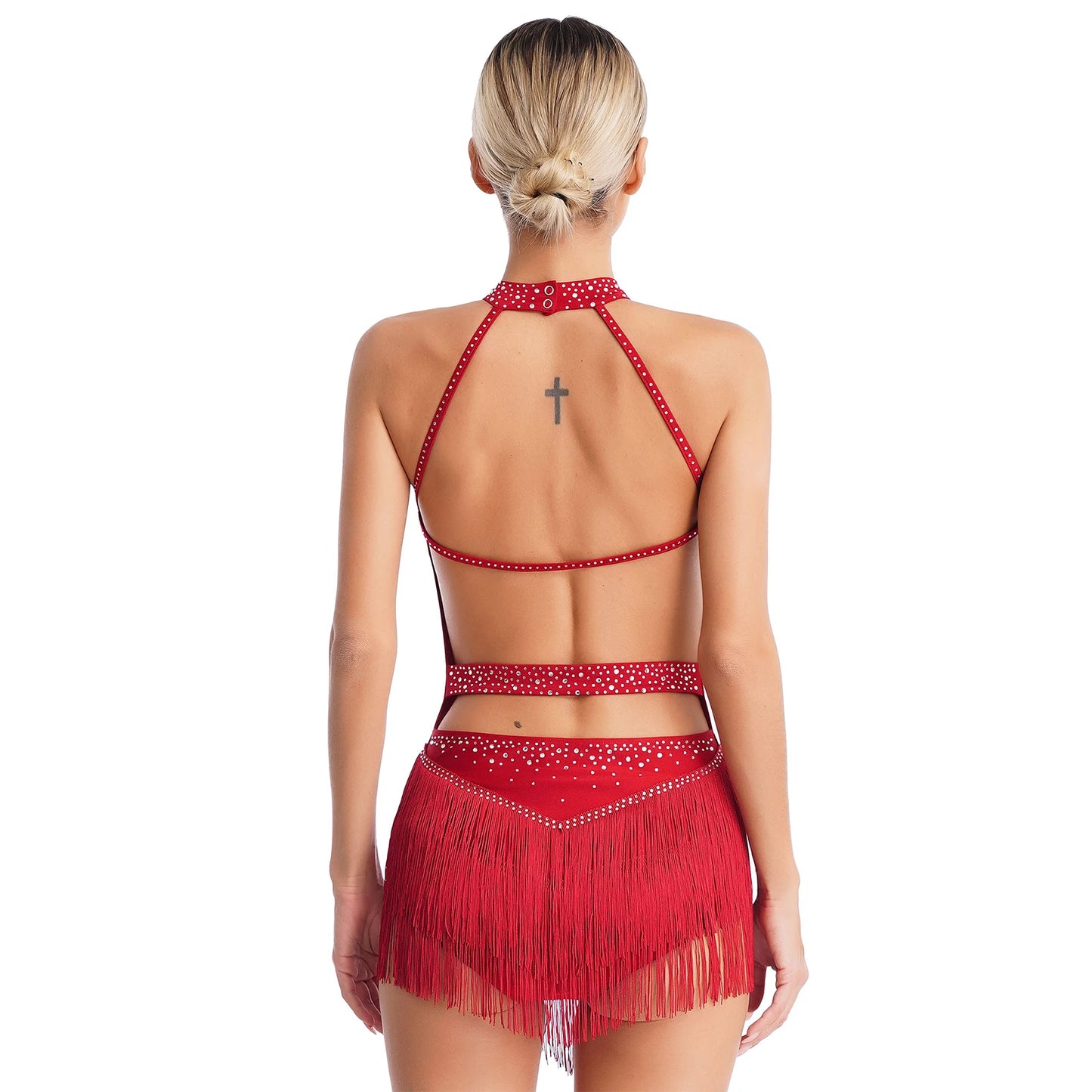 Iefiel Rhinestone Halter Backless Fringe Leotard