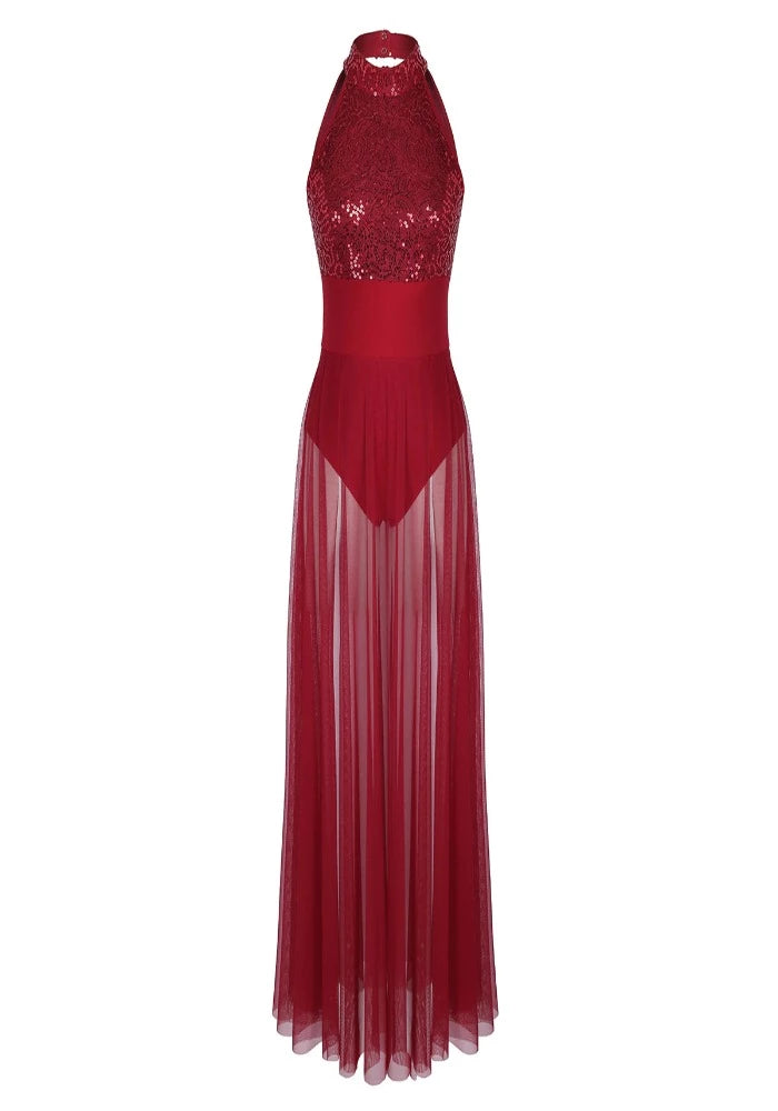 Iefiel Sleeveless Halter Sequined Mesh Maxi Dress