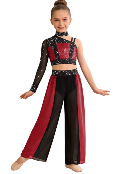 Iefiel Shiny Crop Top with Split Chiffon Pants