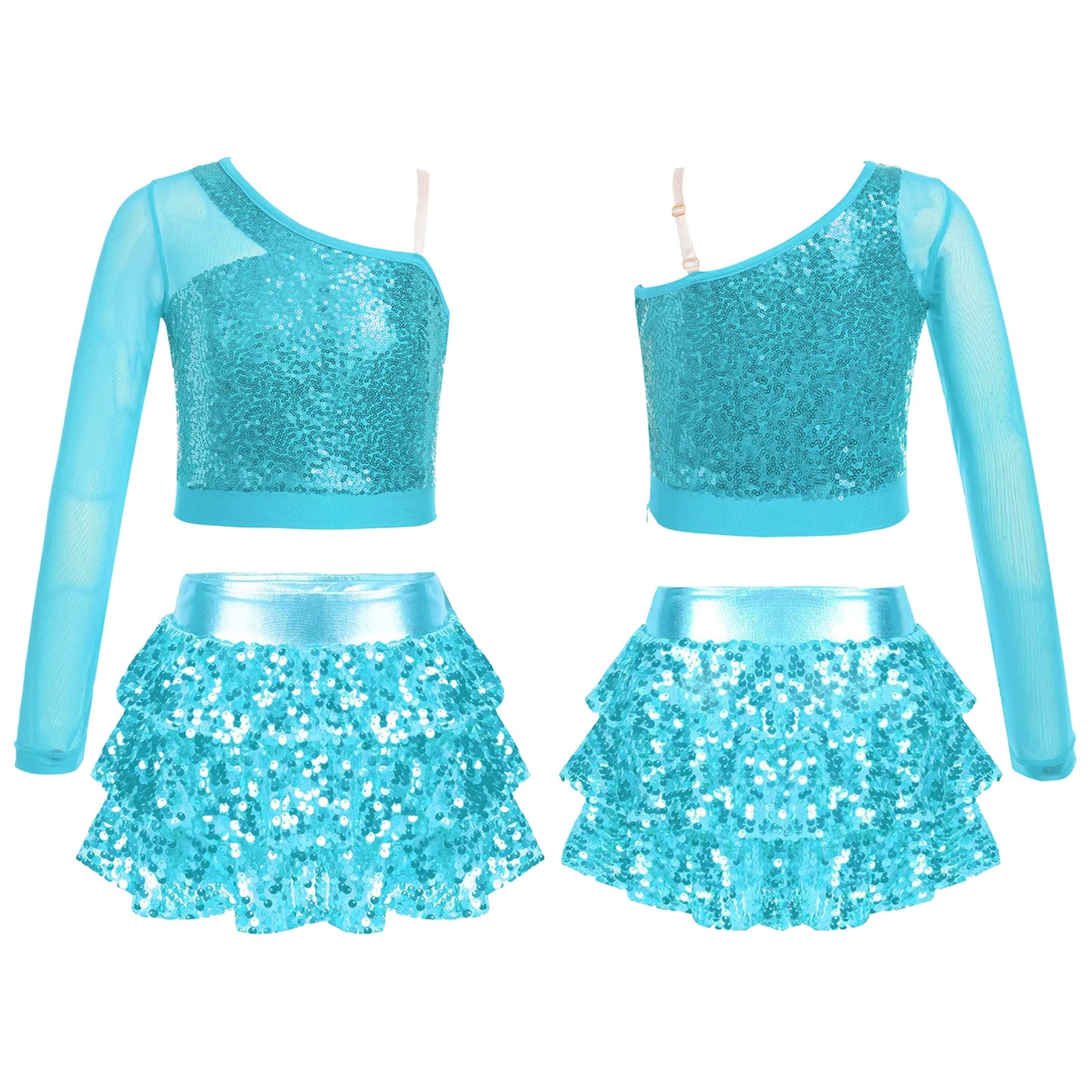 Iefiel One Shoulder Sequin Crop Top with Metallic Tiered Skirt