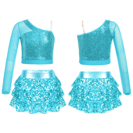 Iefiel One Shoulder Sequin Crop Top with Metallic Tiered Skirt