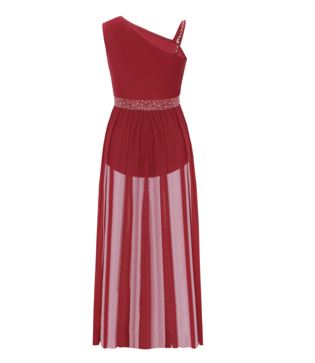 Iefiel Rhinestone Asymmetrical Sheer Mesh Skirted Dress
