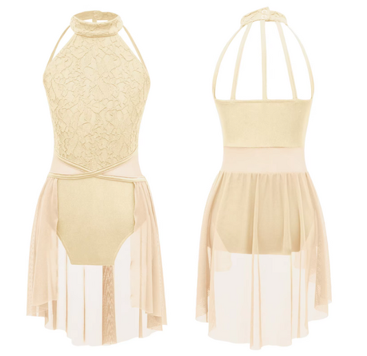 Iefiel Sleeveless Lace Floral Mesh Skirted Leotard