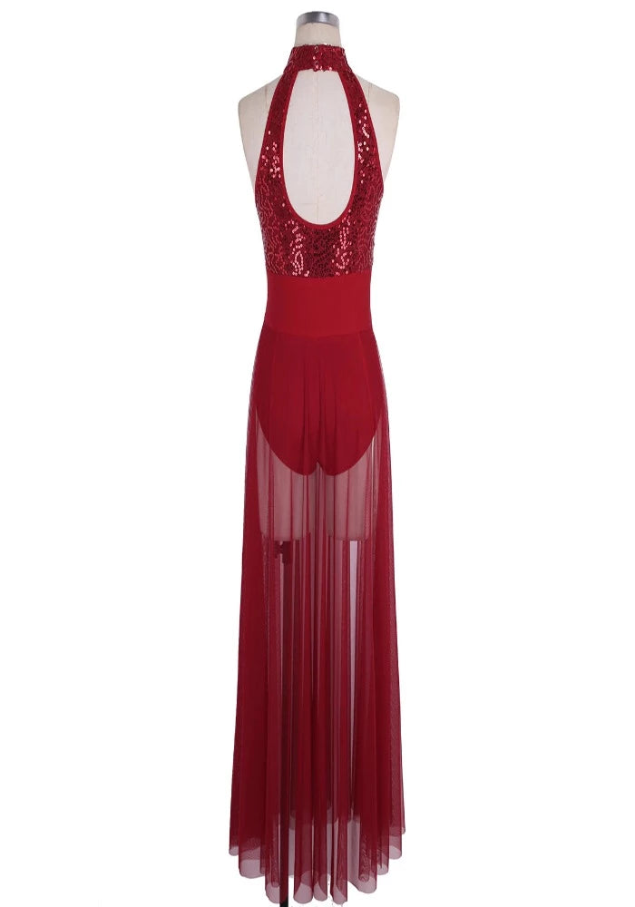 Iefiel Sleeveless Halter Sequined Mesh Maxi Dress