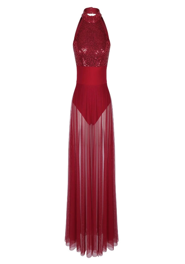 Iefiel Sleeveless Halter Sequined Mesh Maxi Dress