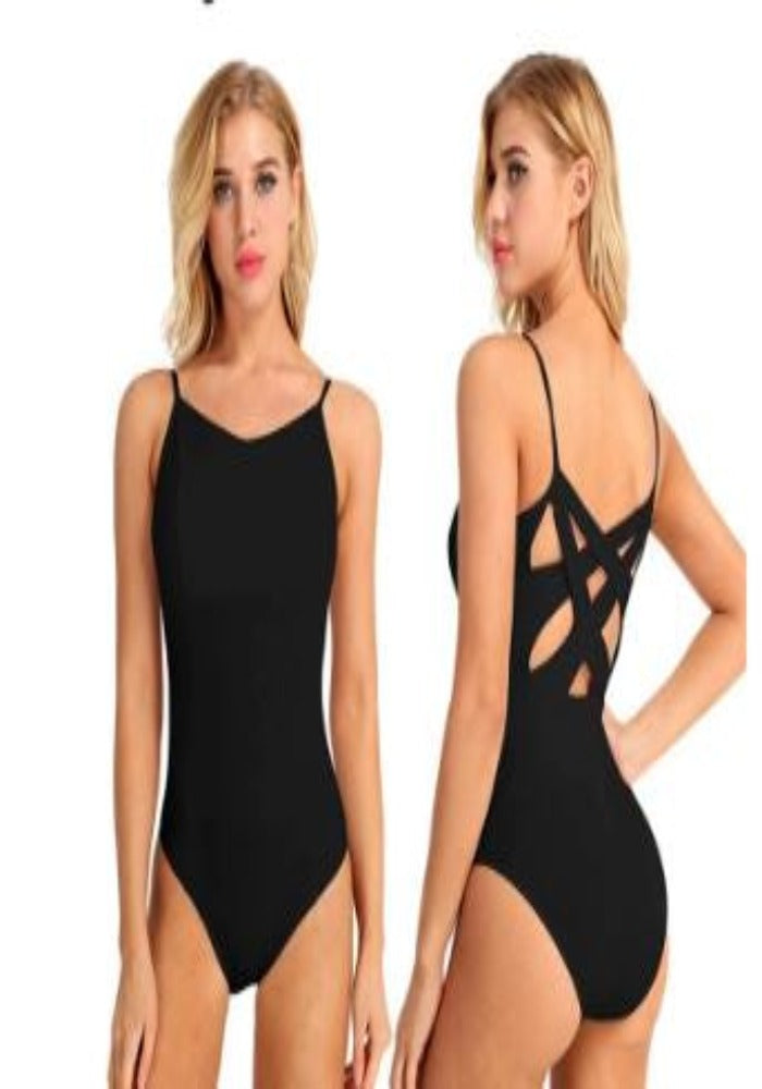 Iefiel Black Spaghetti Strap Leotard